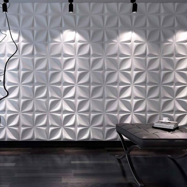 Interior moderno con pared Panel 3D Paredes y muebles minimalistas.