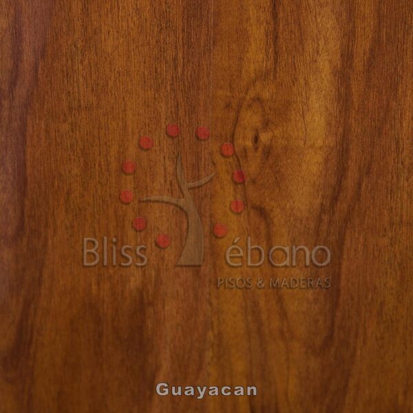 Superficie de madera con las palabras grabadas "Piso Laminado Guayacan" y "pisos & maderas", acompañadas de un logo de árbol estilizado con puntos rojos.