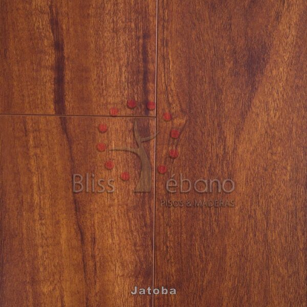 Muestra de piso de madera que muestra Piso Laminado Jatoba con el logo de la marca "bliss ébano pisos e madeiras".