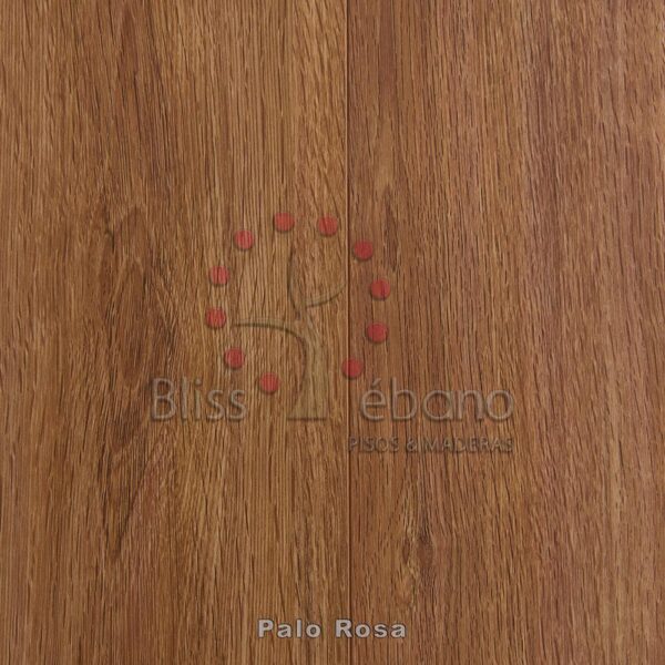 Muestra de piso de madera con patrón de madera "Piso Laminado Palo Rosa" y un logotipo de árbol con el texto "bliss ebano pisos & maderas".
