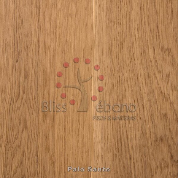 Muestra de piso de madera con la marca "bliss ébano - pisos de maderas" y el texto "Piso Laminado Palo Santo".