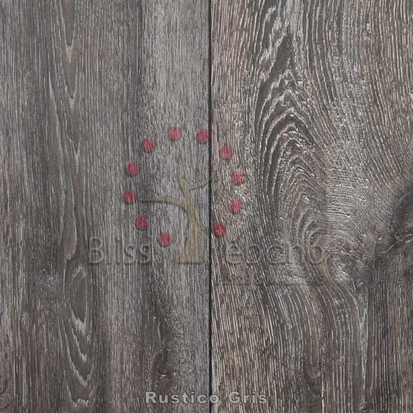 Textura de madera con un diseño simplista de árboles y puntos rojos simulando manzanas, con marcas de agua "bliss" y "Piso Laminado Rustico Gris".
