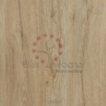 Piso laminado Tundra con superficie con el logo "bliss ébano" y un patrón circular de pequeños puntos rojos formando la letra "e".