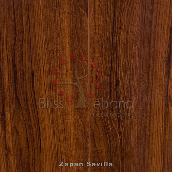 Superficie de madera con diseño de Piso Laminado Zapan Sevilla y etiquetas de texto, probablemente una muestra de piso o enchapado de madera con elementos de marca.