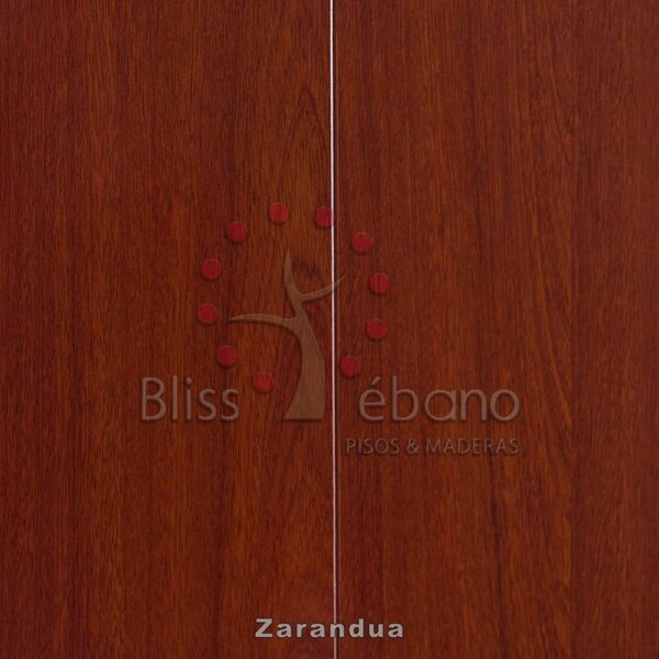 Superficie de madera con los logos grabados "bliss" y "ébano pisos & maderas" junto con un diseño de árbol estilizado adornado con pequeños puntos rojos de Piso Laminado Zarandua.