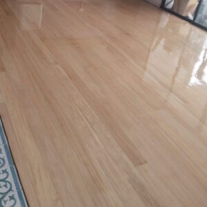 Una habitación con suelos de Piso de Madera Guaimaro, una cenefa de azulejos decorativos, un gran espejo y dos personas en un rincón junto a un perro.