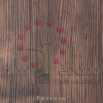 Una superficie de madera con piezas circulares rojas dispuestas en forma de árbol, superpuestas con el texto "Piso de PVC Ferrero".