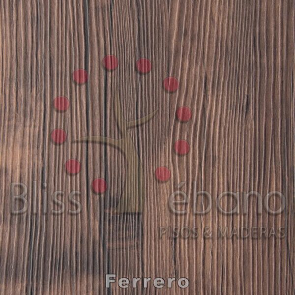 Una superficie de madera con piezas circulares rojas dispuestas en forma de árbol, superpuestas con el texto "Piso de PVC Ferrero".