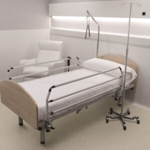Una habitación de hospital con un solo Piso en Rollo Arena, un soporte para intravenosos y una silla para visitas.