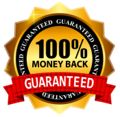 Un sello dorado con una cinta roja que dice "Devolución del 100 % del dinero garantizada".