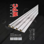 Imagen promocional de un panel wpc Stone Gris con especificaciones del producto.