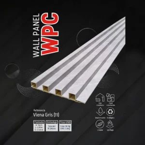 Ilustración 3D de un panel de pared de wpc Stone Gris con especificaciones de producto que incluyen tamaño, empaque y características como uso interior, fácil instalación, impermeable, ecológico, liviano e inteligente.