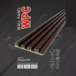 Un gráfico promocional para los paneles de pared Stone Gris en color wengué, destacando características clave como uso interior, impermeable, ecológico, resistente a los rayos UV y liviano.