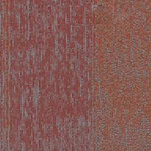 Primer plano de una tela texturizada con rayas verticales en tonos Arrange Rojo 94668, naranja y blanco.